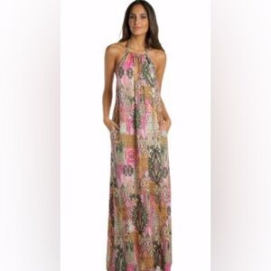 Elan Leigh halter maxi dress backless multicolor ikat print excellent Size L